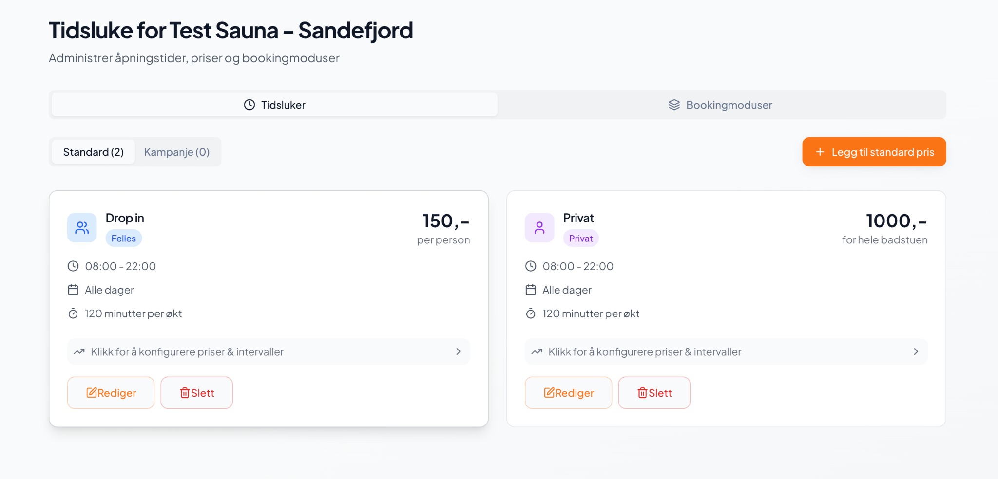 Konfigurasjon av bookingmoduser og priser