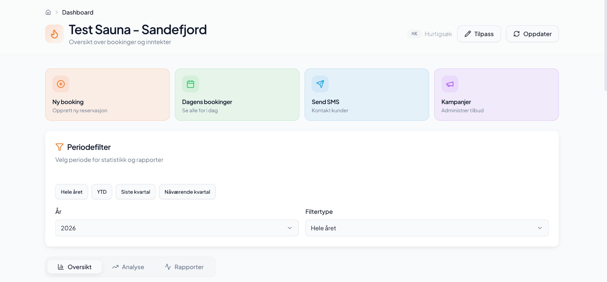 Sauna Booking dashboard med hurtigknapper og periodefilter