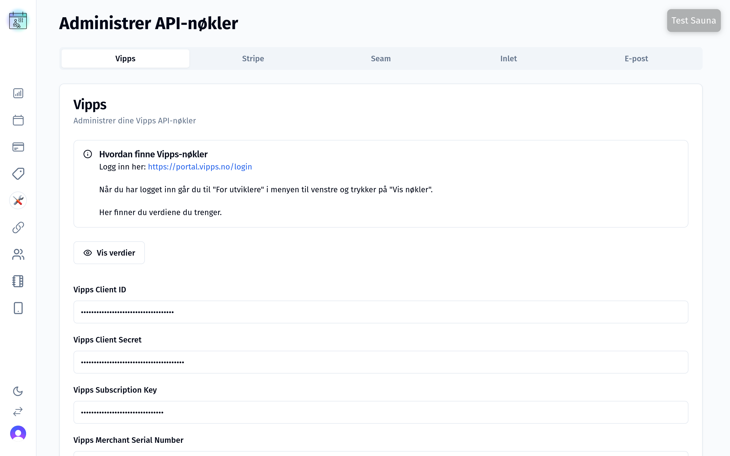 SaunaBooking kontrollpanel - API nøkler