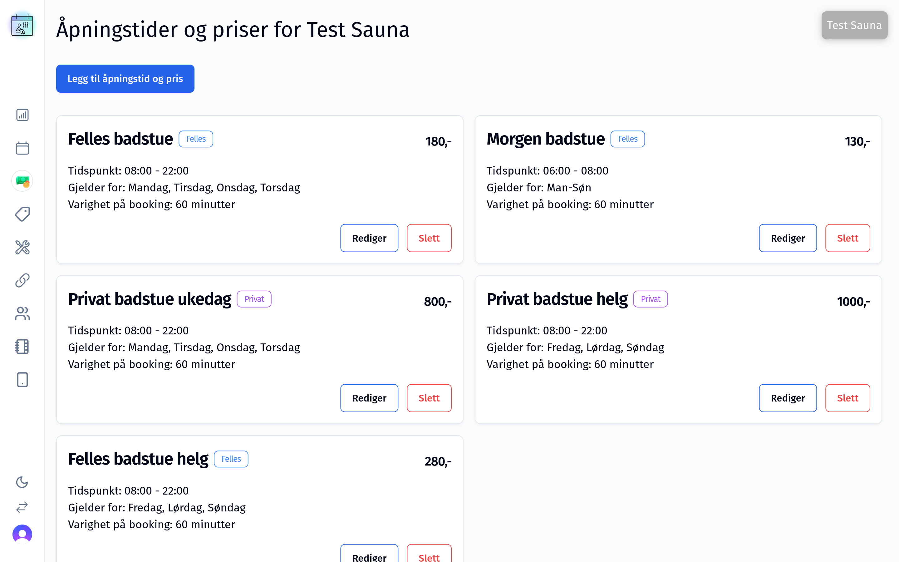 SaunaBooking kontrollpanel - Åpningstider og priser