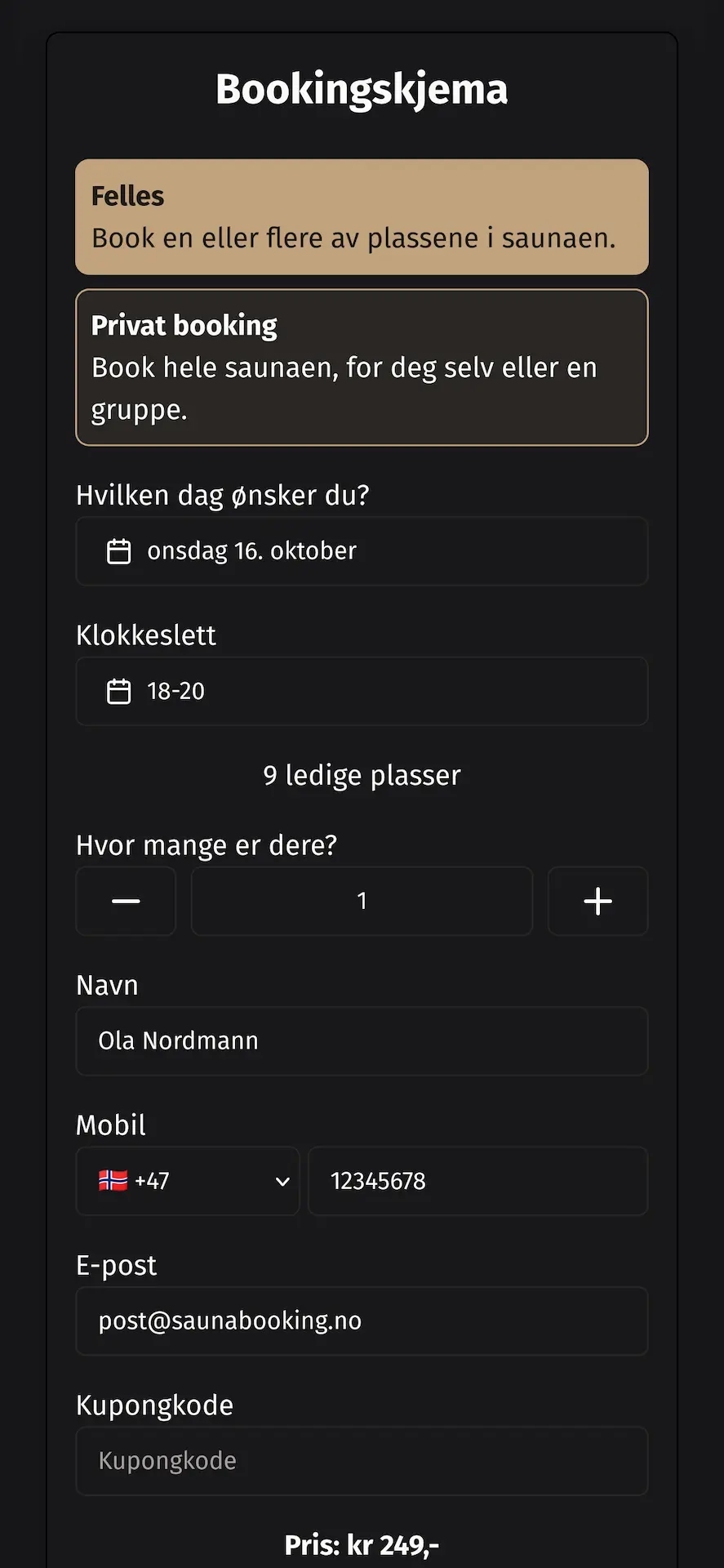 Booking integrert på nettside, mørkt tema
