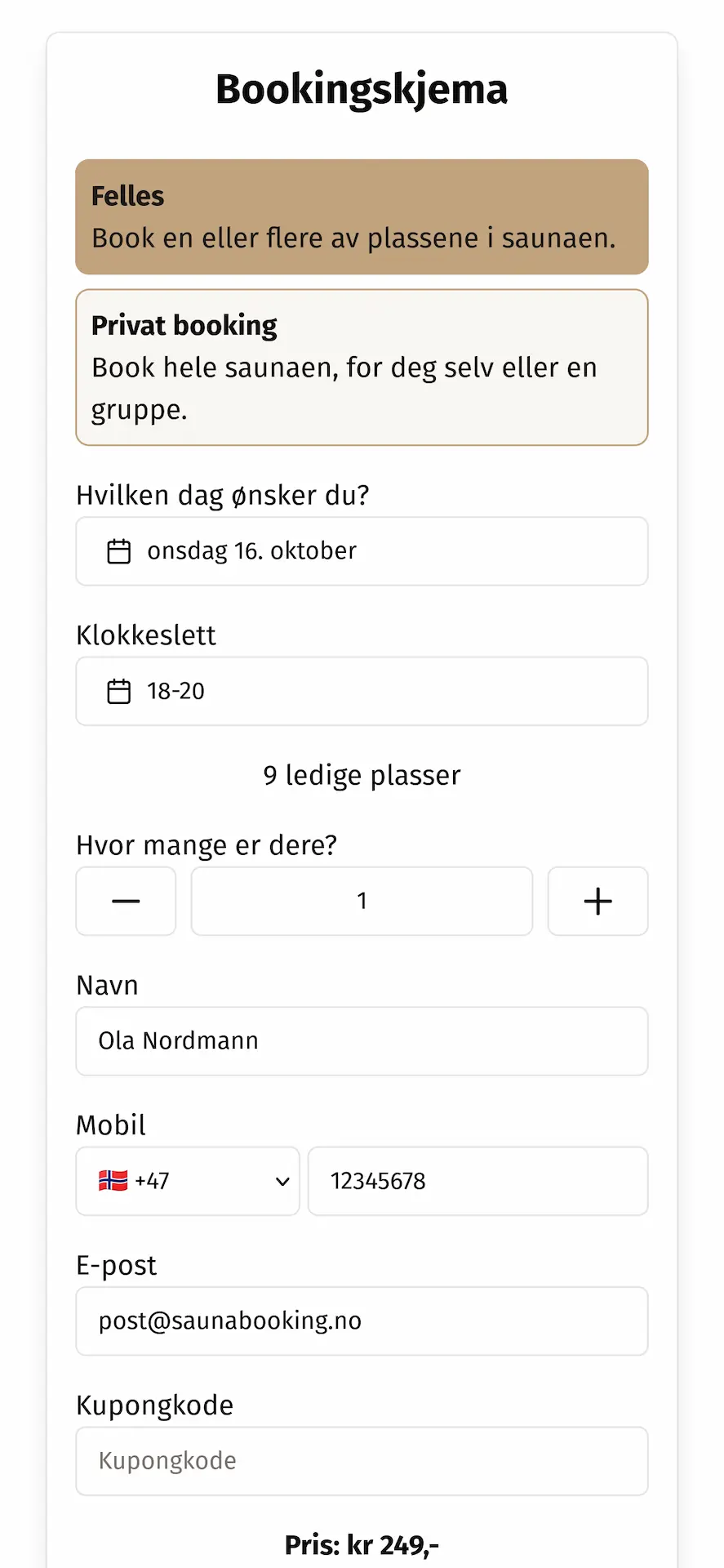 Booking integrert på nettside, lyst tema